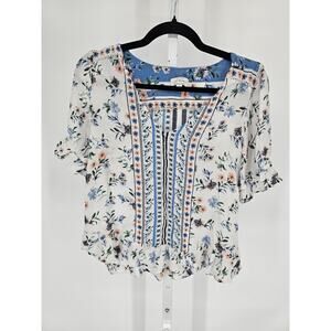 Lucky Brand Womens Sz M Cream Blue Flutter Sleeve Blouse Floral Boho